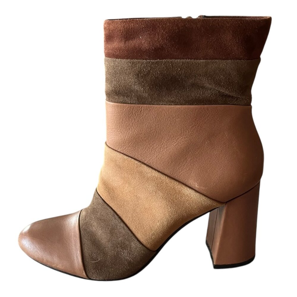Poetic Licence Women's‎ 7.5 Tan Leather Booties Patchwork Places Heeled London - Picture 8 of 12